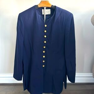 Lord & Taylor Navy blazer with gold hardware button with open pleats in front.